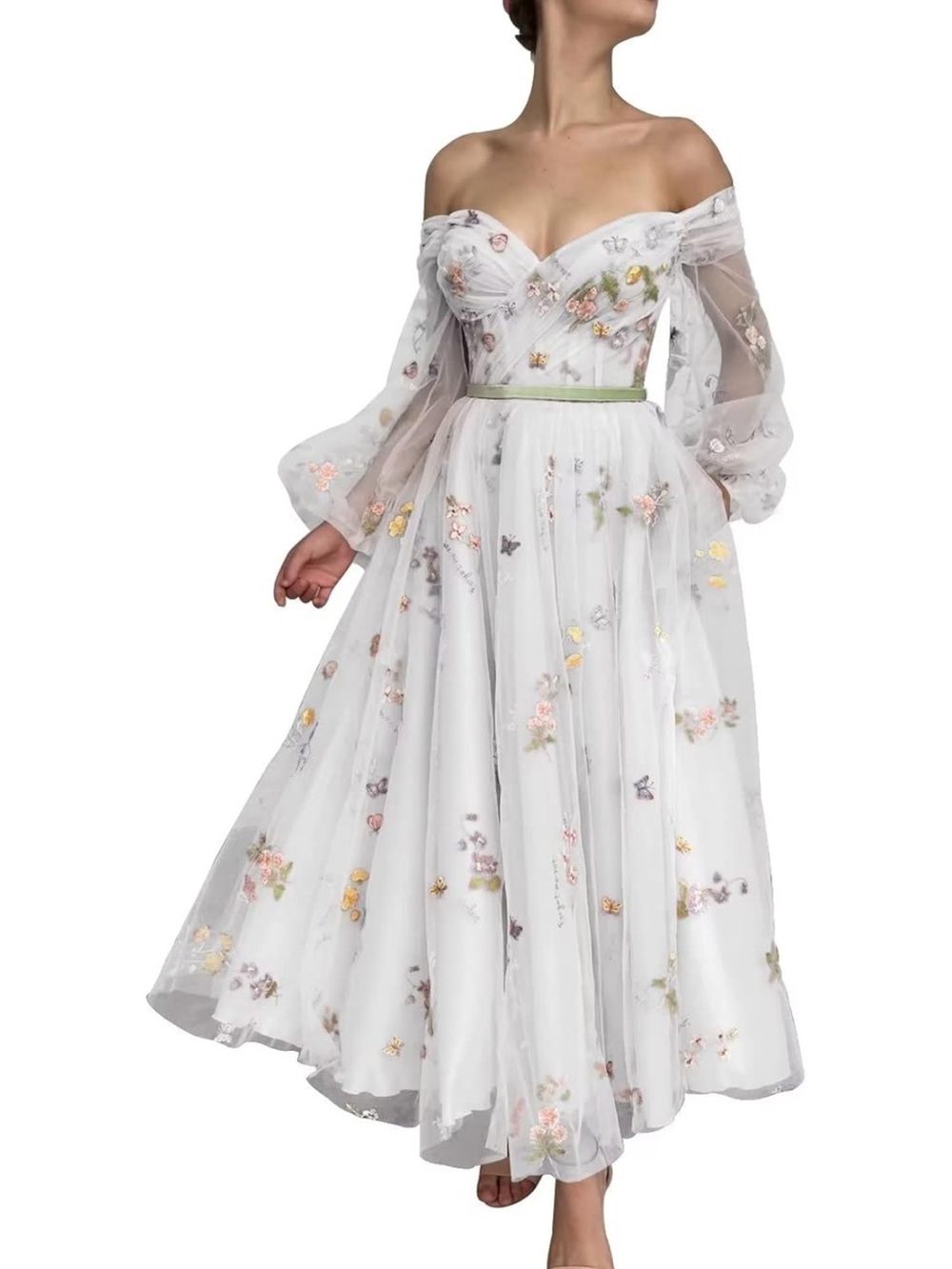 Off-Shoulder & Puffy Sleeve White Floral Embroidered Midi Tea Length Tulle Dress